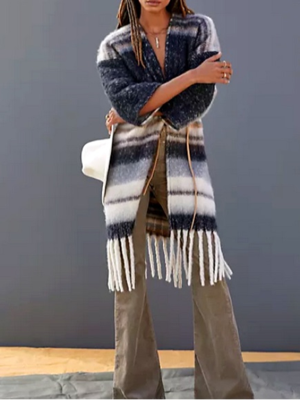 Anthropologie Knit Kimono Fringe Duster Blanket Sweater Jacket Striped OS